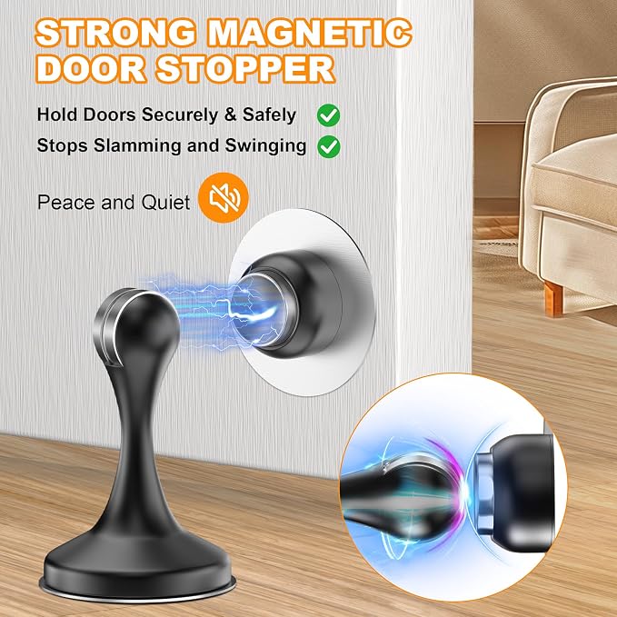 Crosize Magnetic Door Stoppers 4 Pack, Stainless Steel Door Stops for Wall and Floor Mounting, Door Holder Keep Door Open, No Drilling Door Stop with 3D Adhesive Tapes, Black