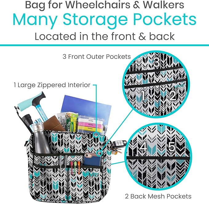 Vive Wheelchair Bag - Machine Washable, Double-Stitched, Water-Resistant Accessory Backpack for Rollators, Wheel Chairs, Walkers - Pouch with XL Pockets & Straps for Quick Installation