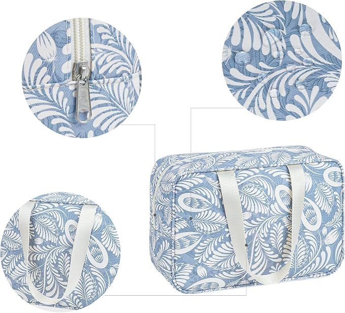 Narwey Full Size Toiletry Bag Women Large Cosmetic Bag Travel Makeup Bag Organizer Medicine Bag for Toiletries Essentials Accessories (Large, Blue Leaf)