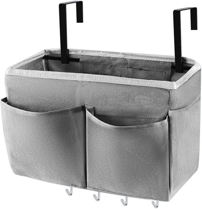 Bedside Caddy Organizer 5 Pockets and 4 Hooks for Bunk Bed Grey | Hanging Storage Bag for Headboards