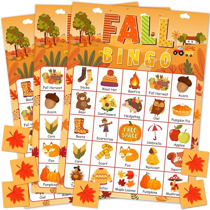 24 Players Fall Bingo Card Autumn Bingo Games for Kids Autumn Harvest Card Game Fall Crafts for Family Fall Craft Supplies Thanksgiving Bingo Cards for Classroom Activities Party Favors