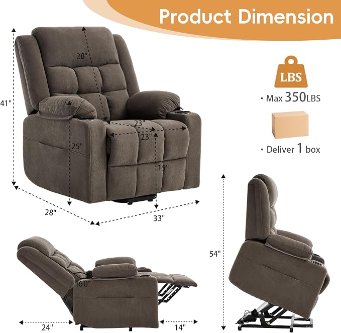 Power Lift Recliner Chair for Elderly Adults with Massage and Heat, Fabric Electric Recliner Sofa with Side Pocket, Two Cup Holders for Living Room L9912 (Brown)