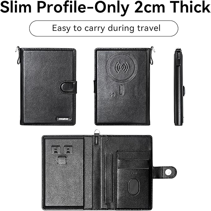 Trackable Passport Holder for Travel, RFID Blocking Wallet, Black | Rechargeable PU leather cover works with Apple Find My and is Apple MFi certified; it includes card storage and a lanyard.