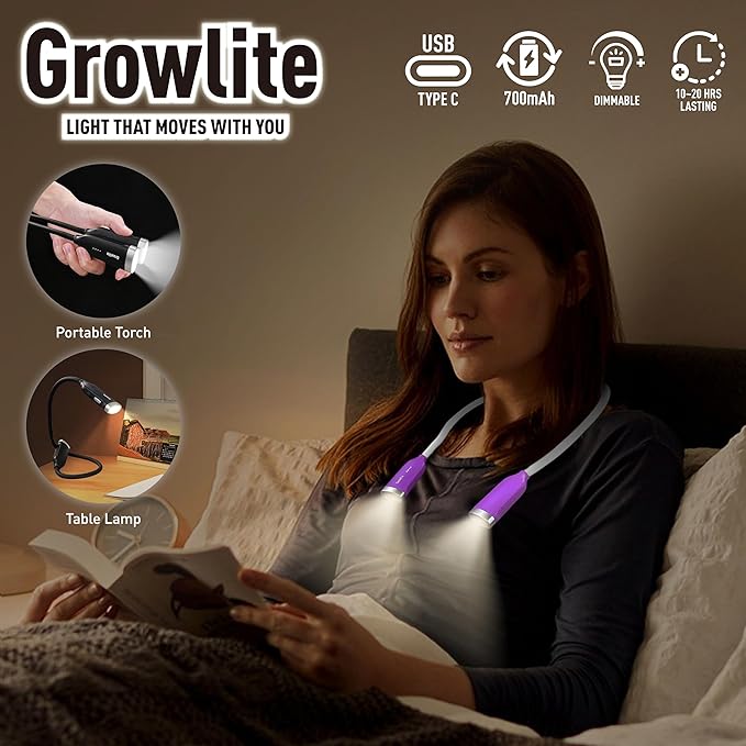 Neck Reading Light, 3 Color & Brightness Adjustable Book Light for Reading in Bed, Hands-Free, Lightweight, USB C Rechargeable, Eye-Caring, Perfect for Crafts, Camping, Kids & Adults (purple)