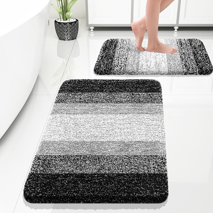 OLANLY Bathroom Rug Set 2 Piece, Soft Absorbent Microfiber Bath Rug Set, Non-Slip, Machine Wash Dry, Plush Shaggy Bath Mats for Bathroom (30"x20"+24"x16", Black)