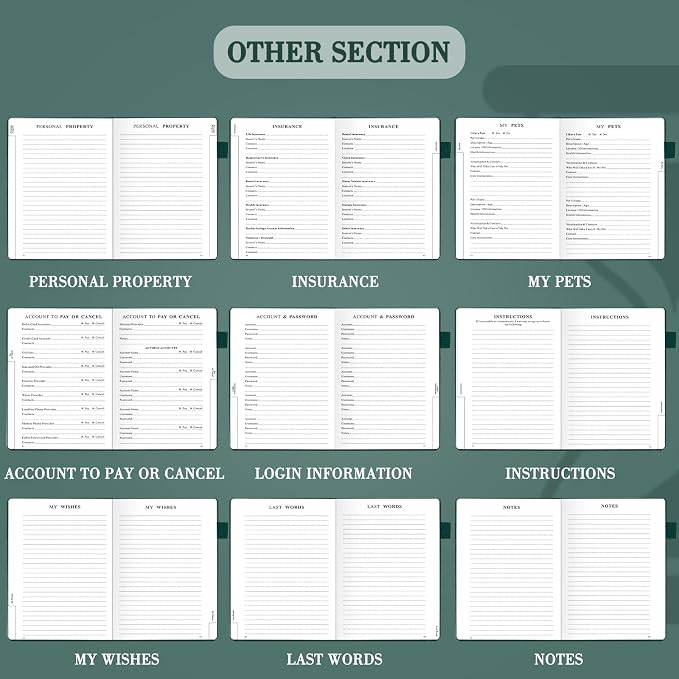 End of Life Planner, Estate Planning Organizer, Death Planner with Labels, Just in Case I Die Book Organizer, Will Preparation, Funeral Planning, Final Arrangements Notebook (5.6 * 8.5”)-Dark Green