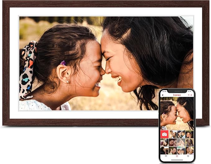 Frameo 15.6 inch Digital Picture Frame WiFi Wood, 1920 * 1080 IPS FHD Touchscreen Large Digital Photo Frame, 32GB Storage, Instant Share Photo Video, Wall-Mountable & Tabletop Display, Gift for Mom