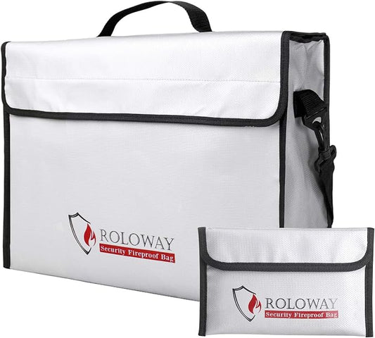 ROLOWAY Fireproof Document & Money Bags, Large Fireproof & Water Resistant Bag (15 x 12 x 5 inches), Fireproof Folder Safe Bag for Cash, Valuables & Passport, with Silicone Coating & Zipper Closure