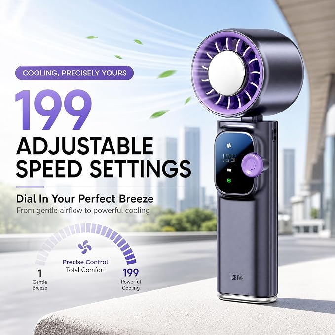 Portable Handheld Fan with Ice Cooling Personal Rechargeable Mini Neck Fan | 199-Speed 20000RPM 4000mAh Battery Powered up to 15hrs, LED Display Foldable & Hangable for Travel, Camping & Outdoor, Purple