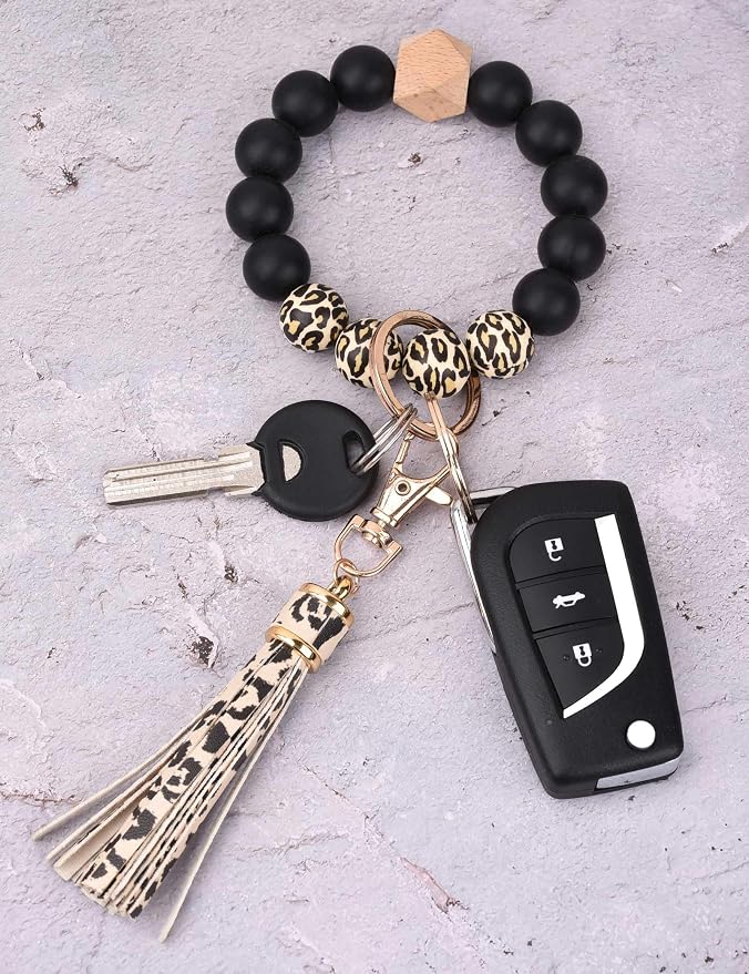 BAOSIWA Silicone Beaded Bracelet Keychain Wristlet Key Ring Bangle Chains for Women with Leather Tassel