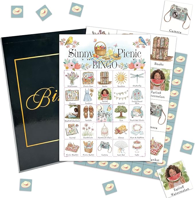 Picnic Bingo Game Cards, Sunny Picnic Bingo Set for Adults Large Group, Summer Themed Fun Games, Camping Party Activities Icebreaker Games for Family Friends, 14