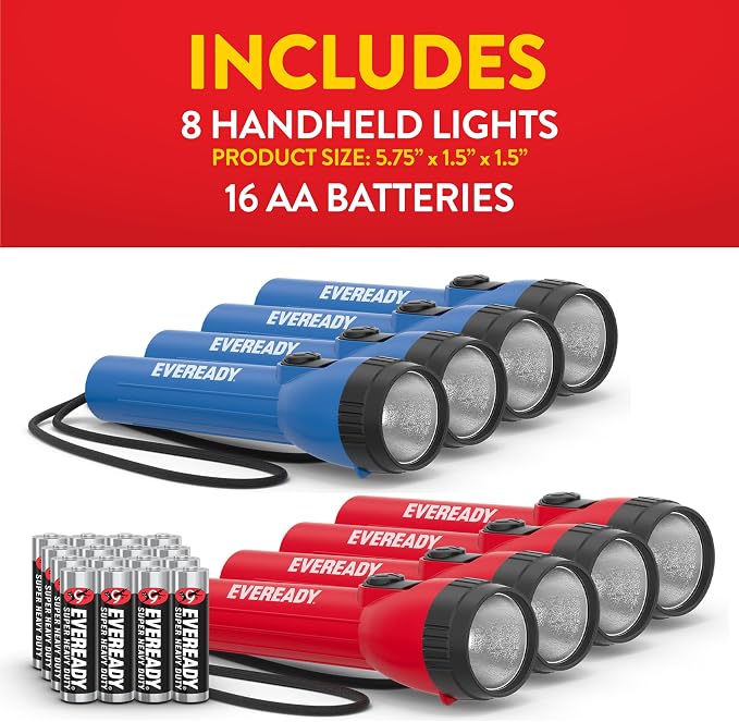 EVEREADY LED Flashlights (8-Pack), Bright Flashlights for Emergencies and Camping Gear, Flash Light with AA Batteries Included, Red/Blue (8-Pack)