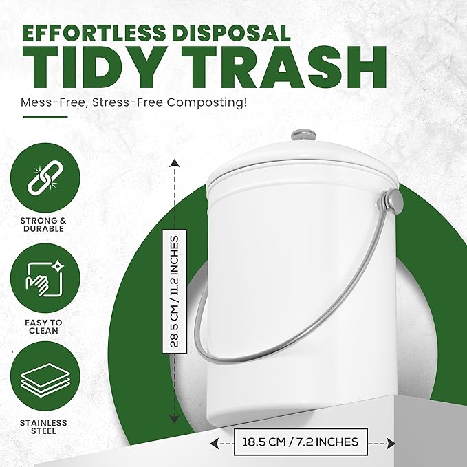 Utopia Kitchen Countertop Compost Bin 1.3 Gallon, Stainless Steel, White | Odorless countertop compost bin with charcoal filter, ideal for food scraps and waste