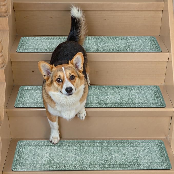 Vintage Stair Treads Non Slip Stair Runners for Wooden Steps 15PCS 8"x30" | Indoor Carpet Stair Treads for Wood Stairs Rubber Staircase Step Treads for Kids & Dogs, Stair Covers, Green