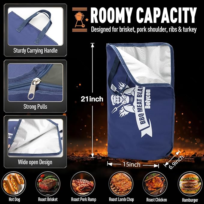 Upgraded BBQ Blanket for Resting Meat -Smoker Accessories Insulated Meat Resting Bag with Wide Mouth for Brisket/Steak/Pork Shoulder/Turkey - BBQ Accessories Grilling Gifts for Men (Blue, 21inch)
