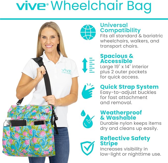 Vive XL Wheelchair Accessories Bag - Waterproof, Scratch-Resistant, Double-Stitched, Machine Washable for Adults, Seniors, 15 Colors - Storage Walker Backpack to Hang on Back