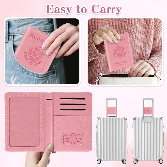 Passport Holder for Travel, RFID Blocking Passport Cover with Pen Holder Leather Passport Wallet Case Travel Must Haves Accessories Passport Book Card Holder for Family Travel Essentials Gifts, Pink