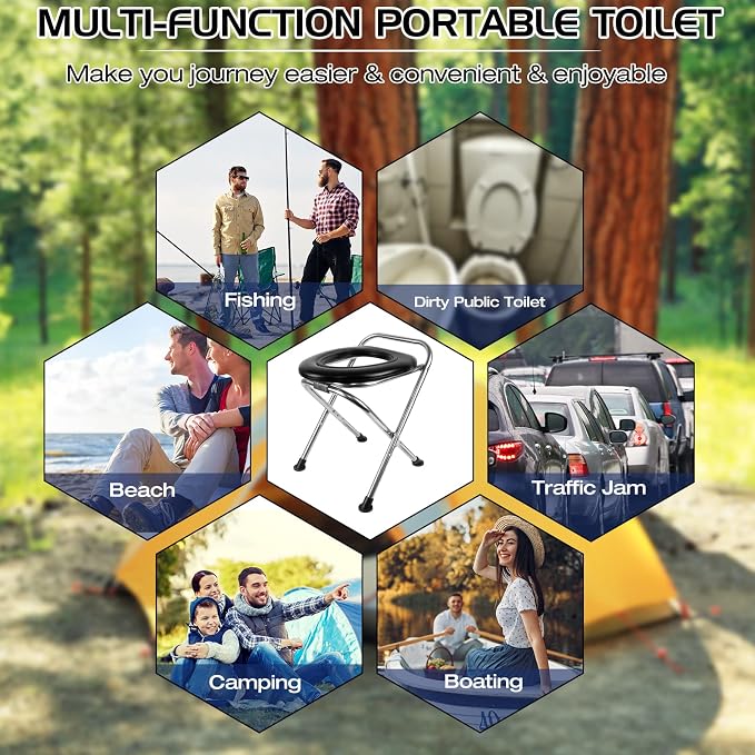 16.5"H Portable Toilet for Camping, 350LB Capacity Stainless Steel Folding Toilet with Soft Seat & Bags, Collapsible Design for RV, Hiking, Road Trips, Boating, Outdoor