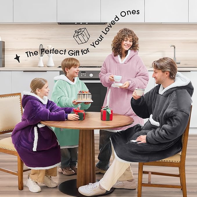 JOYWOO Purple Wearable Blanket Hoodie,Oversized Cat Lovers Sweatshirt Blanket for Adult & Teens, Birthday Gifts for Women Men Mom Girl Boys,Cozy Fuzzy Sherpa Blanket Giant Pocket Gifts,Lavender Small