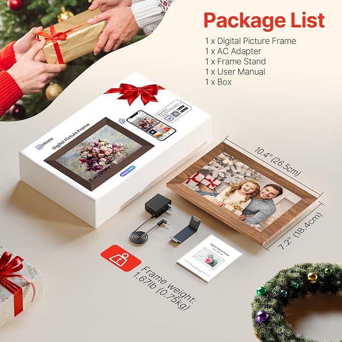 Uhale Digital Picture Frame 32GB Storage 10.1 Inch Wood WiFi Electronic Photo Frames SD Card Slot IPS Touch Screen HD Display Auto Rotate Slideshow Share Videos Photos Instantly Send Wishes Remotely