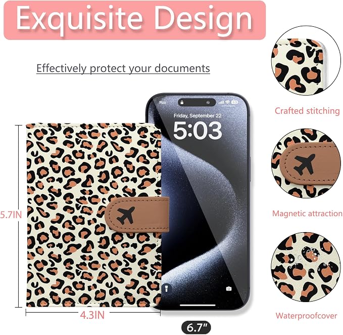 Passport Holder, Cute Travel Wallet Cover with RFID Blocking,Leopard | PU leather travel wallet with magnetic closure, card slots, pen loop, and easy access for passports and essentials.