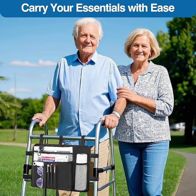 MoKo Walker Bag, Walker Basket with Water Cup Holder, Walker Accessories for Seniors with Multiple Pockets and Zippered Compartment, Walker Storage Pouch for Rolling Folding Walker, Black