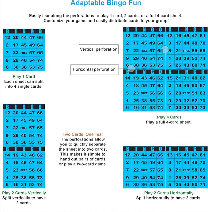100 Bingo Cards, Large 4.5 x 4.5 Inch, Blue, Paper Bingo Sheets | 8 Color Options, Premium Cardstock, Disposable with Daubers or Reusable with Chips — Proudly Made in USA
