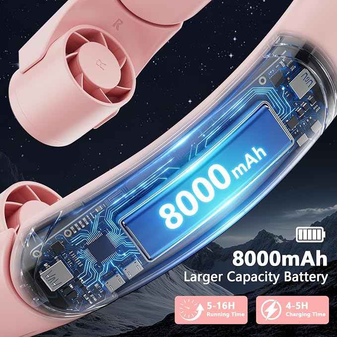 Mavax ChillGo Portable Neck Fan - 8000mAh Personal Wearable Fan, 9000 RPM Direct-flow 4X Powerful 360° Airflow Cooling Fan, Max 16H, 4 Speeds, LED Display, Great Gifts for Men Women - 5th Gen Pink