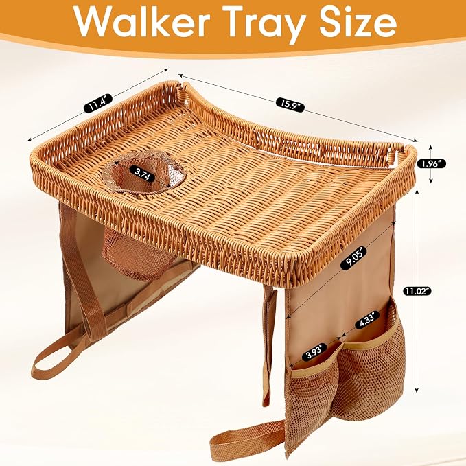 Handwoven Rattan Walker Tray for Folding Walker, Tray for Walker for Seniors Detachable with Cup Holder,Walker Accessories for Elderly,Tray Table Fits Most Standard Walkers (Brown)
