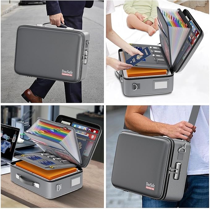 DocSafe Fireproof Document Box Hard Case with Lock ＆ Accordion File Folder | Fire and Water Resistant Safe Box,File Organizer,Multi-Pocket,Home Office Travel Storage for Important Document,Laptop,Gray