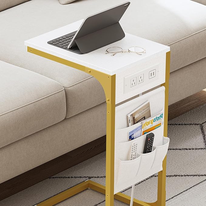 TUTOTAK C Shaped End Table with Charging Station, Side Table for Sofa | Couch Table with Storage Bag, TV Tray with 2 USB Ports and Outlets, Set of 2, Living Room and Bedroom, TB01BWG0242