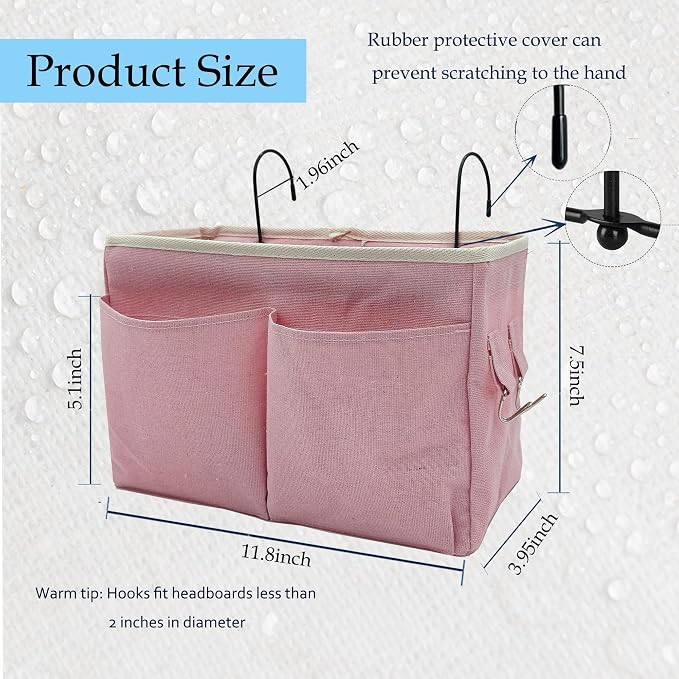 Bedside Caddy Bedside Hanging Storage Basket Multi-Function Organizer Caddy for Bunk and Hospital Beds College Dorms Bed Rails, The Magazine Holders Can be Placed Glasses Books Mobile Phones(Pink)