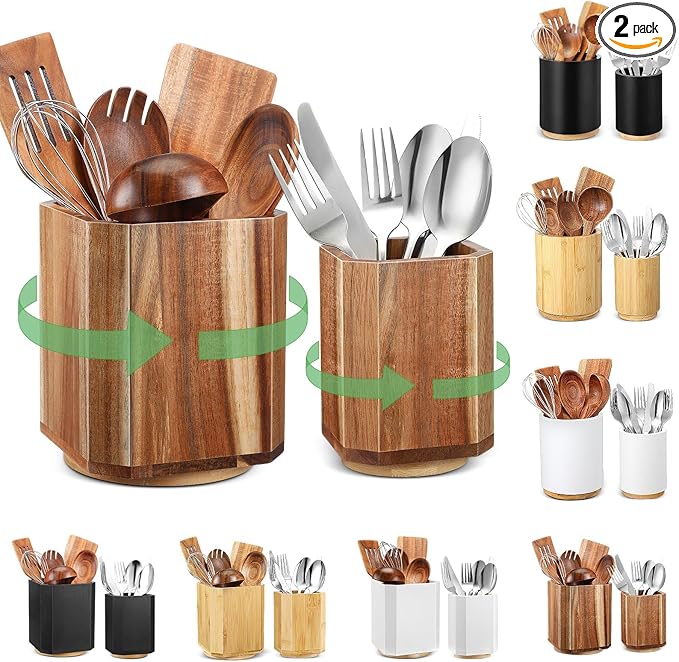 2 Pack Wooden Utensil Holder, 360°Rotating Kitchen Cooking Utensil Crock, Spoon Spatula Holder for Kitchen Counter, Farmhouse Countertop Organizer(Acacia,Square)