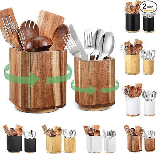 2 Pack Wooden Utensil Holder, 360°Rotating Kitchen Cooking Utensil Crock, Spoon Spatula Holder for Kitchen Counter, Farmhouse Countertop Organizer(Acacia,Square)