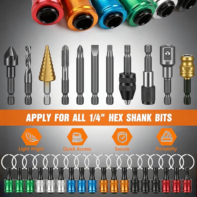 18PCS 1/4'' Bit Holders Keychain Aluminum Screwdriver Hex Shank Drill Bit Holder Key Chain, Portable,Tool Gifts
