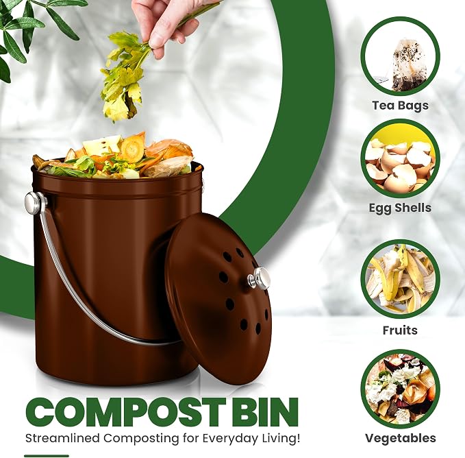 Utopia Kitchen Countertop Compost Bin 1.3 Gallon, Stainless Steel, Copper | Odorless countertop compost bin with charcoal filter, ideal for food scraps and waste