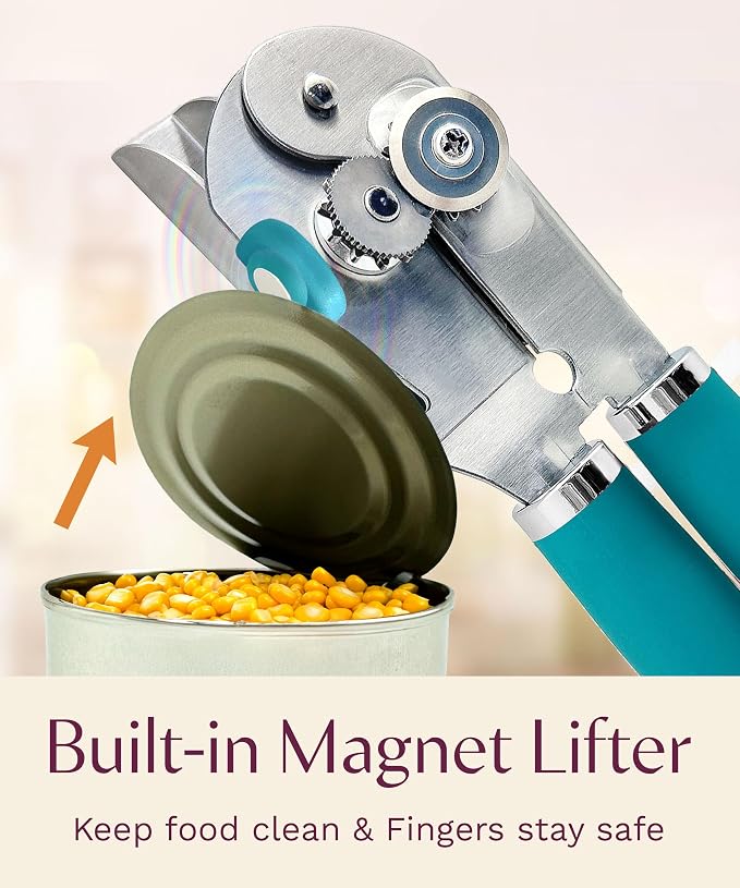 Heavy Duty Manual Can Opener with Magnetic Lid Lifter, Teal | Premium Stainless Steel Body, Sharp Cutting Blade, Oversized Easy-Turn Knob, Soft-Touch Handle, Bottle Opener, Kitchen Use