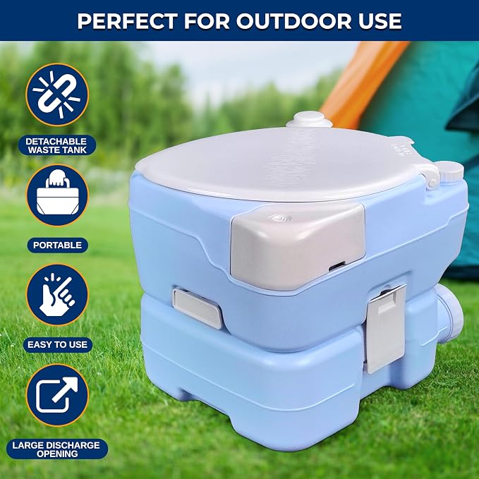 SereneLife 4 Gal Portable Camping Toilet For Adults, 100+ Flushes, Porta Potty Camp Toilet with Phone Holder, Hand Sprayer, Plastic Funnel for Camping, Hiking, and Boating
