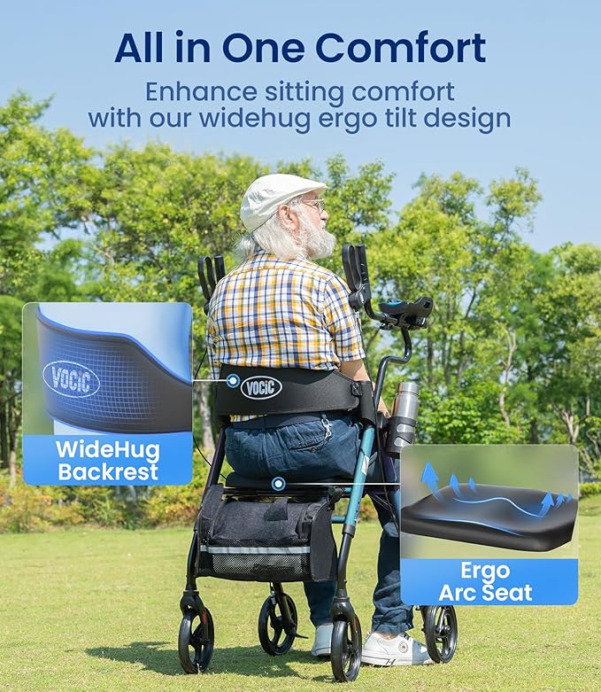VOCIC Walkers for Seniors, Upright Walker with Adjustable Armrests, Z22 GelCool Stand Up Walker with Ergo Seat & Backrest, 8" All Terrain Rollator with 300lb,Cup& Cane Holder