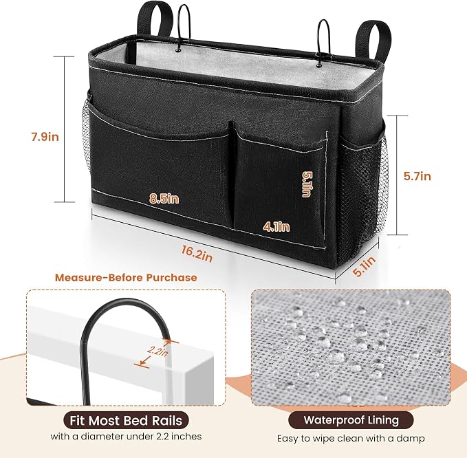 Bedside Caddy for Dorm Bed, Bedside Storage Bag Hanging Organizer | Metal Frame, Water-Resistant Lining, Fits Bed Rails up to 2.2 In, Adjustable Straps, Bunk and Hospital Beds(2 Pack, Black)