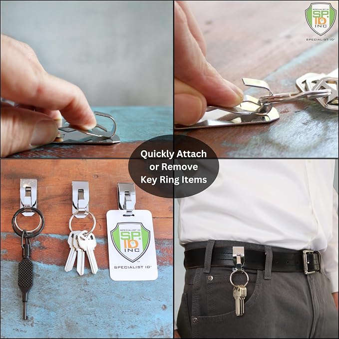 Secure Belt Clip Key Holder with Metal Hook & Heavy Duty 1 1/4 Inch Keychain Ring - Metal Key Chain Keeper for ID Badge/Key