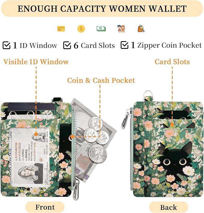 Hancynir Black Cat Floral Slim Wallet Women Credit Card Holder, Small RFID | Zipper Pocket Wallet, Thin Travel Coin Purse, PU Leather, Minimalist Card Case, 6 Card Slots, ID Window, Ladies Women Gifts
