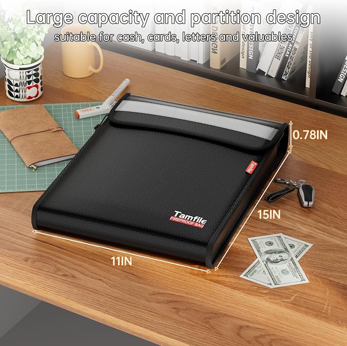 6400℉ Fireproof Document Bag, 15”x 11” Waterproof Document Organizer, Black | Fireproof Money Bag, 2 Pockets,Safe Important Document Organizer for A4 A5 Legal Letter Size, Valuables, Legal Documents