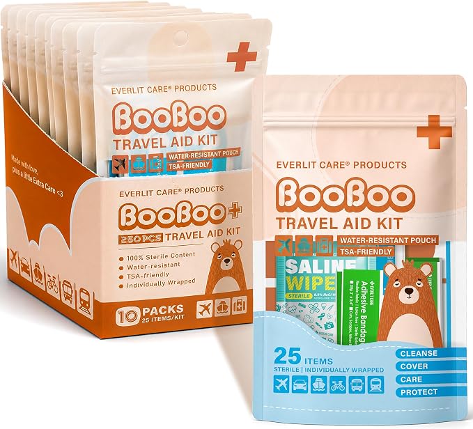 EVERLIT CARE Bulk Mini First Aid Kit 10 Pack | Individual Travel Pouches with 25 Sterile Wound Care Essentials | for School, Classroom, Day-Care, Backpack, Sports, Car, Diaper Bag, Party Favors