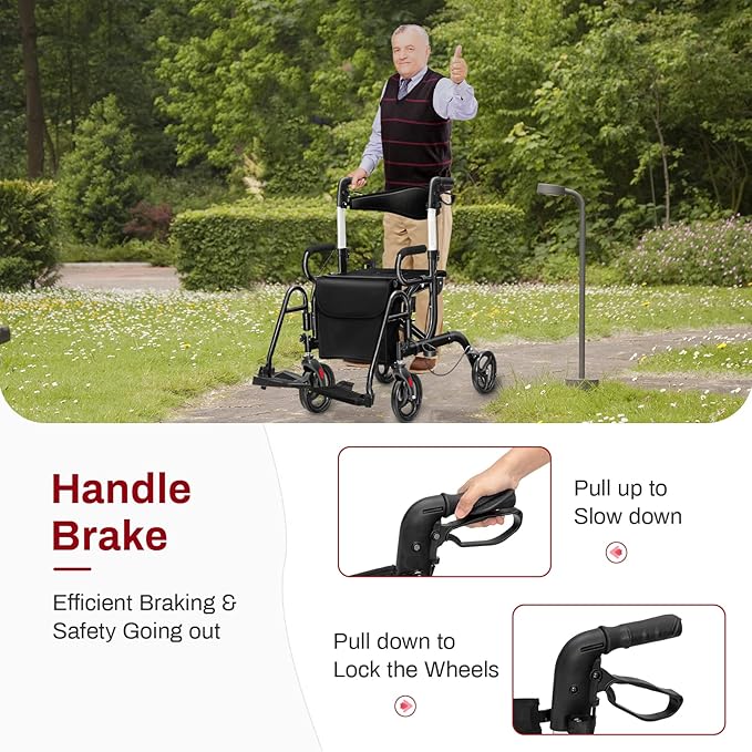 Goplus 2 in 1 Rollator Walker for Seniors, Medical Walker with Seat, Folding Transport Wheelchair Rollator with 8" Wheels, Reversible Backrest, Footrests, Aluminum Mobility Walking Aid (Black)