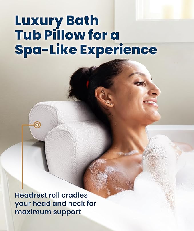 Everlasting Comfort Luxury Bath Pillows for Tub with Head and Neck Support - Non-Slip Bathtub Pillow with Suction Cups, Quick-Drying Mesh & Drying Hook - Jacuzzi & Spa Accessories for Women - White