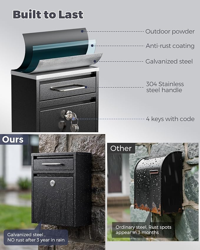LAND·VOI Mailbox for Outside Wall Mount, Heavy Duty Rustproof, Anti-Theft Locking Mailbox with 4 Keys, Weatherproof for Residential & Apartment, 12.2"×9.5"×4.7", Black, Small