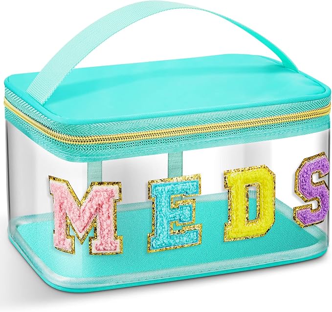 Geetery Chenille Letter Bag, Meds Cheer Travel Cases Cheerleader Gifts Cosmetic Bag Nylon Makeup Portable Preppy Patch with Zipper Toiletry Storage Case for Women(Green,Meds)