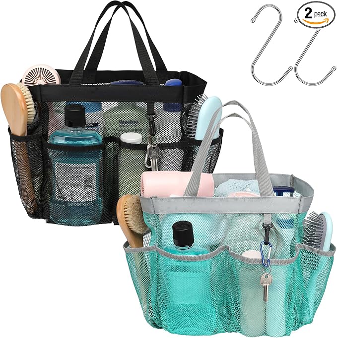 Mesh Shower Caddy Portable - 2 Packs, S-Hook, Shower Bag for Dorm Camping | 8 Pockets, 2-Handle, Quick-Dry, Hanging College Dorm Room Essentials for Girls, Gym, Travel & Bathroom, Black & Mint Green