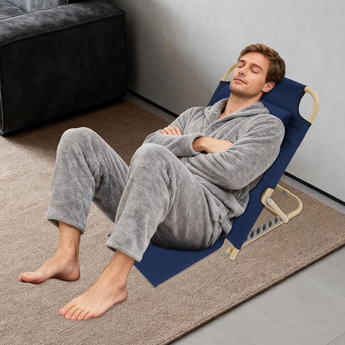 7-Gear Lifting Bed Backrest with Headrest - 330 lbs Heavy Duty Portable Folding Adjustable Sit Up Back Support Chair for Restaurants, Living Rooms, Bedrooms, Cafes (Deep Blue)
